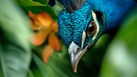 Vibrant close-up of peacock head showing iridescent blue feathers, sharp beak, and distinctive eye against blurred green and orange natural background.