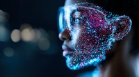 Side profile of young African woman with glowing digital particle effect overlay creating futuristic technological visualization in blue and pink neon colors on dark background.