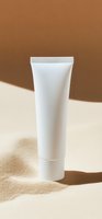 Blank white cosmetic tube with screw cap on sandy beach with brown background, ready for skincare, sunscreen, or lotion branding and packaging design.