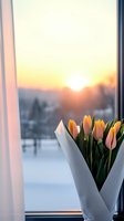 Fresh tulip bouquet wrapped in white paper on windowsill against winter sunset background, creating cozy atmosphere for home decor and seasonal greeting cards.