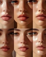 Close-up portraits showing diverse Asian female faces with glossy lips, dewy skin, and natural makeup in warm lighting, highlighting modern beauty aesthetics.