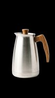 Stainless steel coffee carafe with wooden handle and lid knob, isolated on transparent background. Great for kitchen clipart, print on demand, and sticker design.