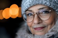 Smiling senior woman wearing glasses and winter knit hat with bokeh lights in background, close up portrait showing genuine happiness and wisdom.
