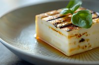 Grilled halloumi cheese slice with fresh basil garnish on ceramic plate, golden caramelized surface, Mediterranean cuisine appetizer for restaurant menus.