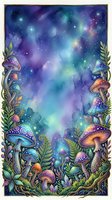 Enchanted forest mushrooms frame a cosmic galaxy sky filled with stars, nebula clouds, and celestial light in vibrant purple, blue, and green tones. Fantasy woodland border design.