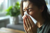 Young Asian woman blowing nose with tissue at home, suffering from seasonal allergy or cold symptoms near window in natural morning light.