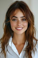 Young female customer service representative with freckles and natural makeup wearing headset and white shirt, smiling warmly at camera. Professional portrait for business use.