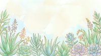 Soft watercolor succulent garden border with pastel green, blue, and purple plants on a light textured background, perfect for cards and banners.