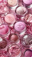Shimmering pink and rose gold eyeshadow palettes with scattered glitter on pink background, showcasing various metallic and matte textures in cosmetic products.