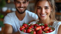 Happy young Caucasian couple enjoying fresh strawberries together in modern kitchen. Healthy lifestyle and romantic moments at home.