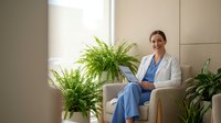 Professional female doctor in white coat and blue scrubs sitting in modern medical office with green plants and natural lighting for healthcare marketing.