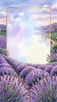 Watercolor lavender field landscape with gold frame border and copy space, purple blooms, rolling hills, soft sky for cards and posters.