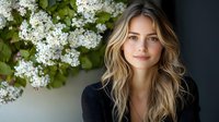 Young Caucasian woman with long wavy blonde hair and natural makeup smiling gently near blooming white spring flowers, wearing black top, lifestyle portrait with soft lighting.