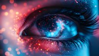 Macro shot of cosmic eye with galaxy reflection and glowing sparkles in neon pink and blue colors, long eyelashes and magical fantasy makeup effect.