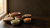 Assorted legumes and grains in wooden and ceramic bowls arranged on dark surface near window, showcasing dried beans, lentils, and seeds for cooking and nutrition.