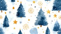 Seamless winter pattern with watercolor navy blue pine trees, golden stars and delicate snowflakes on white background creates magical holiday atmosphere.