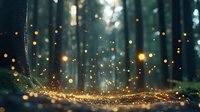 Magical forest scene with glowing golden particles floating above mossy ground, creating ethereal atmosphere among dark tree trunks in misty woodland setting.