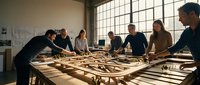 Diverse team of architects and designers collaborating on large-scale wooden model or blueprint layout in bright studio workspace with industrial windows and natural light.