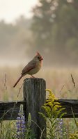 Female northern cardinal perched on weathered wooden fence post surrounded by wildflowers and grasses in soft morning light creating peaceful backyard scene.
