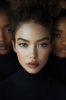 Close-up portrait of diverse young women with flawless skin and natural makeup against dark background, showcasing beauty and inclusivity in modern cosmetics industry.
