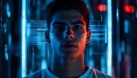 Young Hispanic male in white t-shirt illuminated by futuristic blue holographic data projections and red lights, representing technology, artificial intelligence and digital innovation.