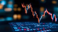 Stock market candlestick chart showing price movement with red and green bars on digital display screen, financial data and trading analysis background.