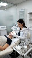 Young Caucasian female esthetician in white coat performs facial skin treatment on relaxed woman client in modern beauty clinic.