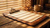 Vintage clipboard with blank paper on rustic wooden desk bathed in warm sunlight through window blinds creating dramatic shadows for office workspace design.