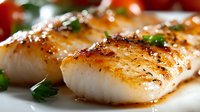 Pan seared sea scallops with golden brown crust and fresh herbs garnish on white plate, close up view showing juicy texture and caramelized surface.