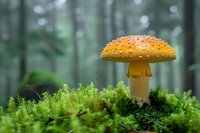 Vibrant orange fly agaric mushroom growing in lush green moss with blurred forest background, showcasing woodland flora in natural habitat.