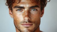 Young caucasian male model with intense blue eyes, freckles, and dark curly hair looking directly at camera against light background. Close up portrait showing natural skin texture.