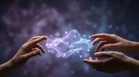 Two hands reaching toward glowing digital brain with neural network connections on cosmic purple background for technology and AI concepts.