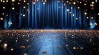 Circuit board pattern with glowing bokeh lights against blue curtain backdrop, creating futuristic stage atmosphere for technology presentations and digital concepts.