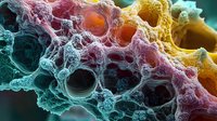 Microscopic view of colorful porous cellular structure showing interconnected cavities in teal, pink, and orange hues for scientific or medical research.