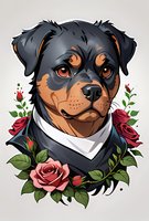 Stylized Rottweiler portrait with red roses and white bandana, featuring expressive eyes and detailed fur textures against light background. For apparel and merchandise.