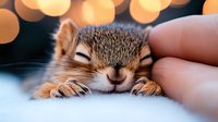 Sleeping kitten with closed eyes resting on soft white surface against blurred golden bokeh lights background, creating cozy and peaceful atmosphere.