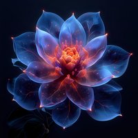 Glowing blue lotus flower with fiery orange center against dark background, creating ethereal cosmic appearance.