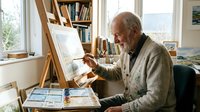 Senior Caucasian male artist painting watercolor artwork on easel in bright home studio surrounded by books and art supplies, creative retirement lifestyle.