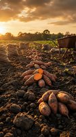 Sweet potatoes freshly harvested on farm field soil at golden sunset, with burlap sacks and wheelbarrow in background, agriculture concept.