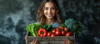 Young Caucasian woman with natural smile holding wooden crate filled with fresh organic vegetables and produce against dark background, promoting healthy lifestyle.