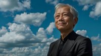 Senior Asian businessman smiling confidently against blue sky with white clouds, wearing black suit jacket, expressing success and leadership in corporate world.