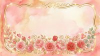 Vintage floral frame with roses, leaves, and gold ornamental borders on soft pink and cream watercolor background. Suitable for wedding invitations, greeting cards, and decorative designs.