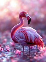 Pink flamingo standing in water surrounded by floating cherry blossom petals against dreamy bokeh background, creating magical spring atmosphere.