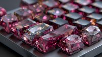 Luxurious pink gemstones arranged on dark surface, showcasing faceted rectangular cuts with brilliant light reflection and rich color variation.