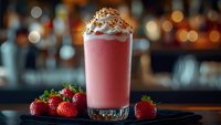 Pink strawberry milkshake with whipped cream and chocolate shavings in tall glass, fresh berries on dark surface with blurred bar background lights.