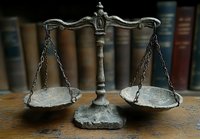 Vintage balance scale of justice on wooden desk with old law books in background, symbolizing legal system, judgment and equality in courtroom setting.