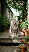 Fluffy gray long-haired cat sitting on rustic wooden steps surrounded by potted plants and lush garden greenery near a stone cottage.