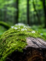 Delicate white wildflowers blooming on moss-covered fallen log in lush green forest. Shallow depth of field creates dreamy natural atmosphere for nature photography.