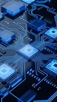 Blue illuminated circuit board with microprocessors and electronic components for technology and computing applications.