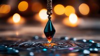 Elegant turquoise crystal pendant hanging against warm bokeh lights background, with reflective water drops creating magical atmosphere. Perfect for jewelry or spiritual designs.